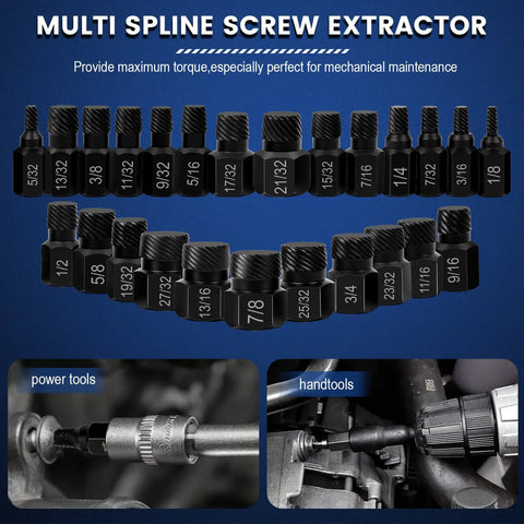 Pro Grade Heavy Duty Screw Extractor Set for Stripped Screws and Bolts with multiple sizes shown, ideal for power and hand tools use.
