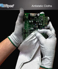 AAWipes antistatic cleanroom wipe used on circuit board; white striped lint-free polyester cloth