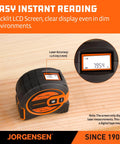 Straight Fire 2 In 1 Laser Tape Measure With 135 Ft Beam Range And 16 Ft Steel Ruler, showing backlit LCD display for easy reading.