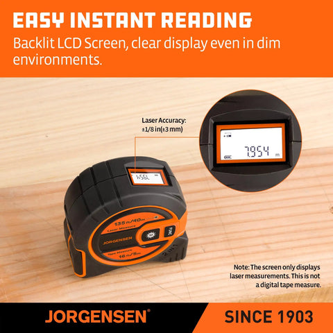 Straight Fire 2 In 1 Laser Tape Measure With 135 Ft Beam Range And 16 Ft Steel Ruler, showing backlit LCD display for easy reading.