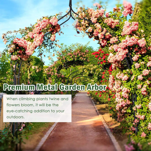 Metal Garden Arch Wedding Arbor With Gothic Spires 9.5 Ft High 4.1 Ft Wide Pergola adorned with climbing roses.