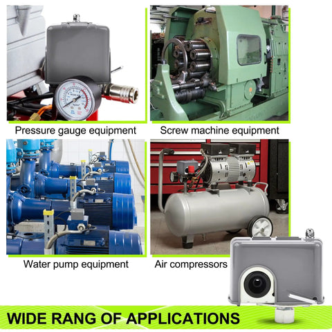 Collage showing various applications of a Water Pressure Switch For Well Pump Control 40 To 60 PSI Adjustable Low Pressure Cut Off With One Quarter Inch Female NPT And Double Spring For Easy Install And Reliable Home Water System Built To Last, including pressure gauge, screw machine, water pump, and air compressor equipment.