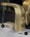 Brushed Gold Single Hole Bathroom Faucet With Single Handle, Solid Brass Construction, 1.2 GPM Flow shown in operational setting.