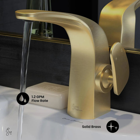 Brushed Gold Single Hole Bathroom Faucet With Single Handle, Solid Brass Construction, 1.2 GPM Flow shown in operational setting.