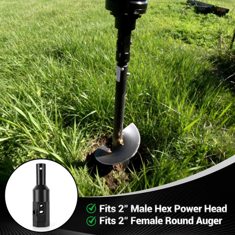 Heavy Duty 2 Inch Hex Female To 2 Inch Round Male Auger Adapter in use with 2 Inch Round Auger in grassy field