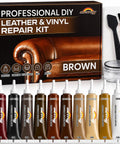 No Sweat Brown Leather And Vinyl Repair Kit Blends Dark Light Tan Chocolate Colors For Couch Sofa Chair Car Seat And Boots Effortless Invisible Diy Patch Fix Up Today displayed with ten color tubes and repair tools.