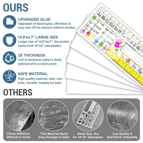 Comparison of features for Thick Clear Desk Name Tag Pockets Set Of 40 With Stays Put Adhesive Backing, 14.9 By 4.7 Inches, Easy Peel Remove, Scratch Proof Nameplate Sleeves For Classroom Desks, Keeps Labels Bright And Neat.