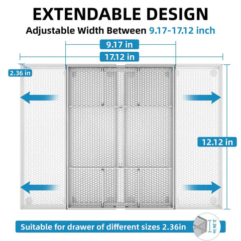 Expandable Desk Drawer Organizer Mesh Tray With 10 Adjustable Compartments showing dimensions and extendable design