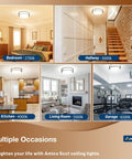 Collage of 12 Inch Dimmable LED Ceiling Light Two Pack with 5CCT in various rooms showing 2700K to 6500K color temperatures