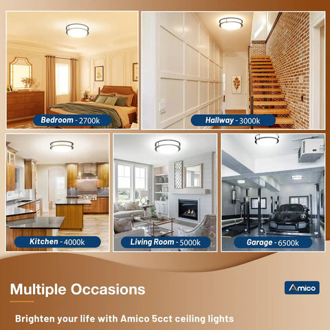 Collage of 12 Inch Dimmable LED Ceiling Light Two Pack with 5CCT in various rooms showing 2700K to 6500K color temperatures