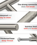 Close-up of brushed nickel cabinet handles highlighting the strong connection, waterproof design, stainless steel, and thickened base with deep thread.