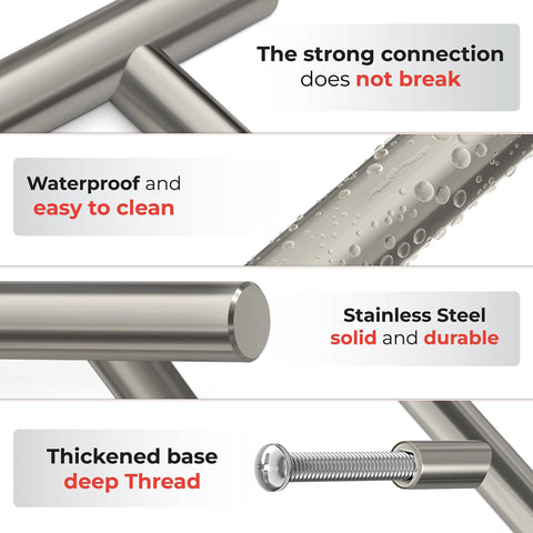 Close-up of brushed nickel cabinet handles highlighting the strong connection, waterproof design, stainless steel, and thickened base with deep thread.