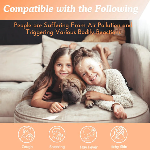 Children with a dog on a sofa, illustrating air pollution effects, related to Two Pack 3 In 1 HEPA Air Filter Replacement.
