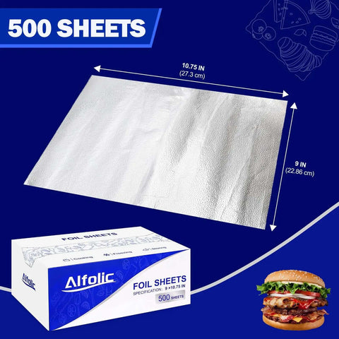 Premium Aluminum Foil Sheets 9 By 10.75 Inch Pre Cut Tin Foil Wraps For Cooking And Food Storage, 500 Sheets Box and Foil
