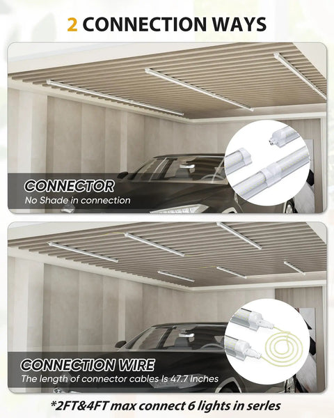 Two Pack 2 Foot LED Shop Lights 30W 3000 Lumen 6500K Daylight Ultra Bright T8 Linkable Ceiling Fixture shown installed in garage