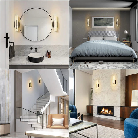 Dope Modern Black LED Wall Sconce Set of Two for Living Room and Hallway with Crystal Glass No Bulbs Needed Horizontal or Vertical Mount 100 277V Indoor Warm White Lighting for Bedroom Bathroom shown in various rooms like bathrooms, bedrooms, hallways, and living rooms.