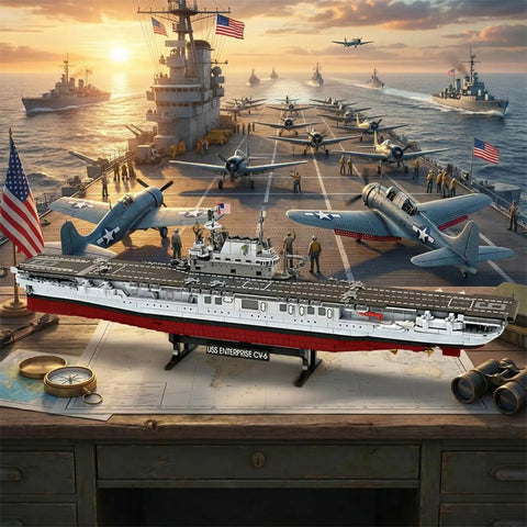 USS Enterprise Aircraft Carrier Building Kit 1883 Piece Military Ship Model For Adults Collectors on display table