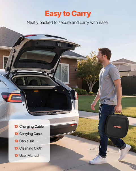 Slick 40 Foot EV Charger Extension Cord For Tesla With Nacs Plug And 48 Amp 240V Level 1 2 Electric Vehicle Power Wire in carrying bag.