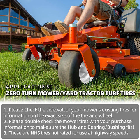 2-Pack 13x6.50-6 Flat Free Tire and Wheel for Riding Lawn Mowers installed on a zero turn mower, side view