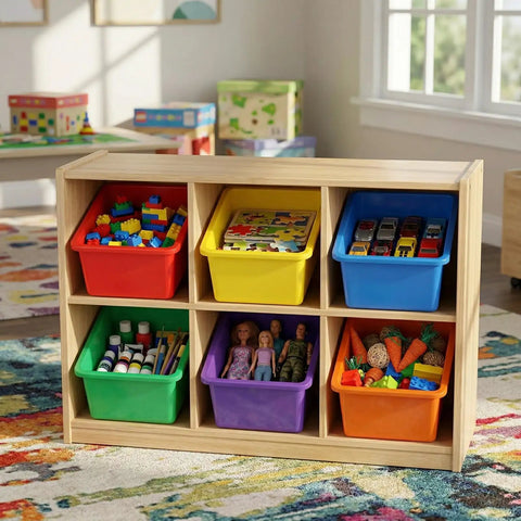 6 Pack Cubby Bin Storage Set Durable Plastic Stackable Bins For Toy Organization At Home Nursery Playroom Classroom in use