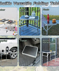 Collage showcasing lightweight aluminum folding table with adjustable height and carry handle for versatile indoor and outdoor use.