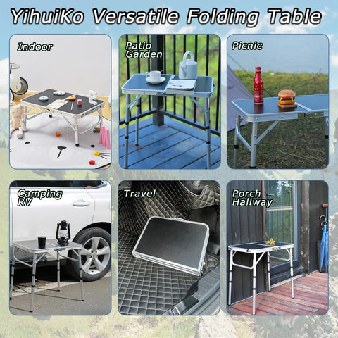 Collage showcasing lightweight aluminum folding table with adjustable height and carry handle for versatile indoor and outdoor use.