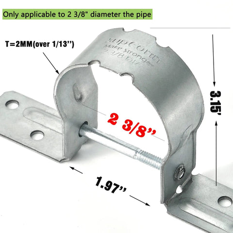 2-3/8 Inch Steel To Wood Fence Brackets Kit With 12 Pieces And 48 Screws Galvanized Pipe Grip Ties close-up showing dimensions