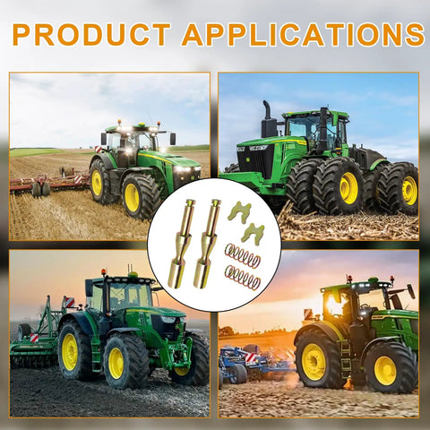 Image showing product applications with tractors using 2 Pack Quick Release PTO Pin Yoke Heavy Duty Coupler for Tractors.