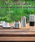 Stovetop Espresso Maker 9 Cup Moka Pot In Stainless Steel 450ml 15oz Easy Brew For Camping Or Home Use on wooden table