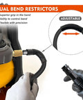 No Fuss Lightweight Hybrid Air Compressor Hose 3/8 In X 10 Ft with adjustable dual bend restrictors for flexibility.