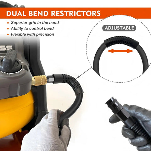 No Fuss Lightweight Hybrid Air Compressor Hose 3/8 In X 10 Ft with adjustable dual bend restrictors for flexibility.