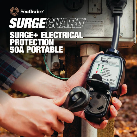 Portable RV Surge Protector 50 Amp For Pop Up Campers And Travel Trailers, Detects Faulty Park Power, 120 To 240 Volts, Brass Receptacles Stay Cool, Easy T Pull Handle, Integrated Receptacle, Anti Theft Lock Ring On Cord being plugged into electrical box by person.