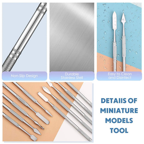 Close-up of Five Piece Miniature Sculpting Tools Set, stainless steel craft tools for shaping miniatures, non-slip design.