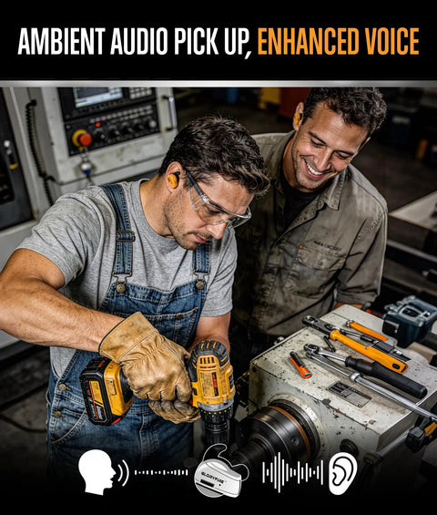 Two men wearing Electronic Shooting Ear Protection With Noise Canceling Muffs, 26 Decibel Noise Reduction, working with tools