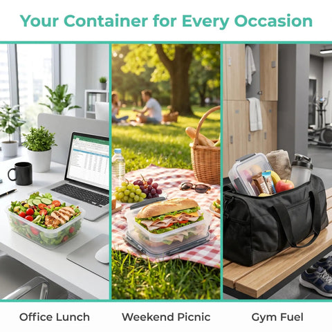 Five Cup Plastic Food Storage Containers With Lids Nestable For Freezer And Dishwasher Safe Rectangular Meal Prep Box Set 5 Pack BPA Free Thick Plastic Ideal For Quick Meal Prep used for office, picnic, gym.