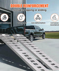 Heavy Duty Aluminum Car Ramps For Slammed Rides And Low Clearance Vehicles Featuring Six Thousand Lb Load Rating With Extra Long Eighty Four Inch Gentle Approach Angle Designed To Protect Bumpers During Daily Driver Maintenance Plus Two Pack on a truck tailgate.