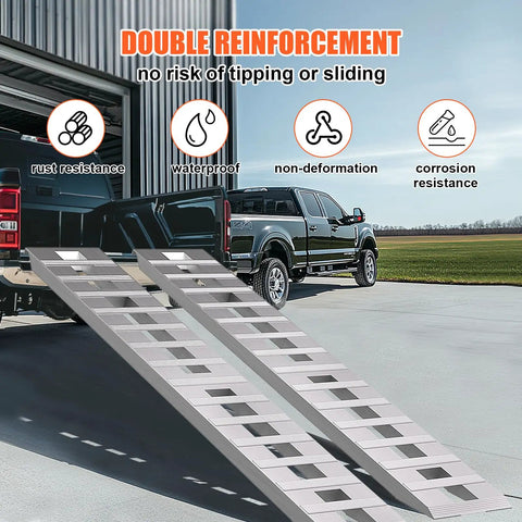 Heavy Duty Aluminum Car Ramps For Slammed Rides And Low Clearance Vehicles Featuring Six Thousand Lb Load Rating With Extra Long Eighty Four Inch Gentle Approach Angle Designed To Protect Bumpers During Daily Driver Maintenance Plus Two Pack on a truck tailgate.