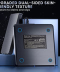 External ODD&HDD device with dual-sided textured black surface and vented panel, front view