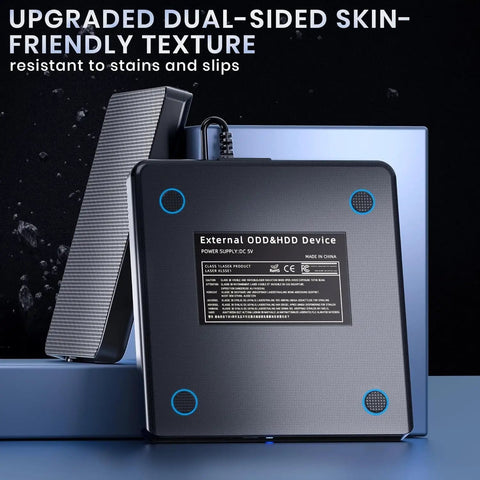 External ODD&HDD device with dual-sided textured black surface and vented panel, front view