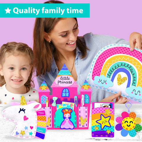Totally Beginner Friendly Sewing Kit For Kids Ages Five To Eight With Princess And Unicorn Felt Crafts seen with happy family