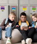 Colorful 36 Pack Pencil Desk Name Plates With Waterproof PET Film on lockers in classroom setting with students sitting.