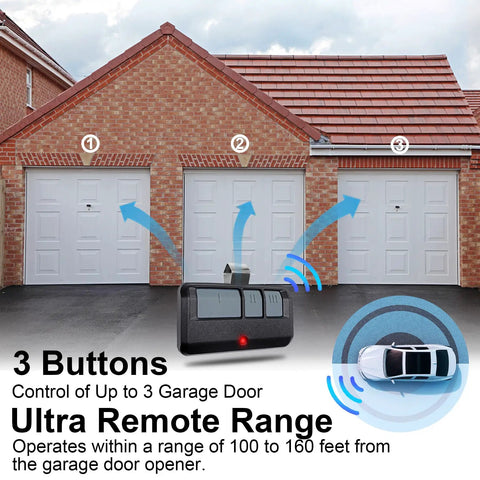 Two Pack Universal Garage Door Opener Remote Compatible With Most Major Brands Replaces 893LM 893Max 971LM shown controlling 3 doors