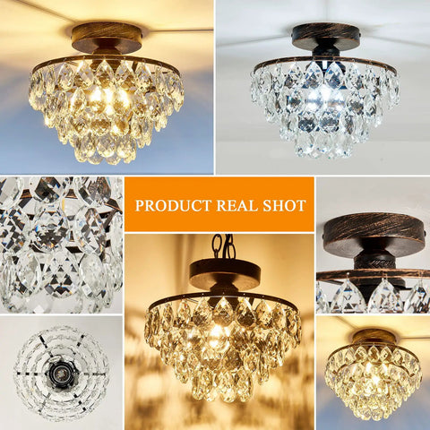 Crystal Chandelier Semi Flush Mount Ceiling Light in Oil Rubbed Bronze with glass crystals, various lighting views.