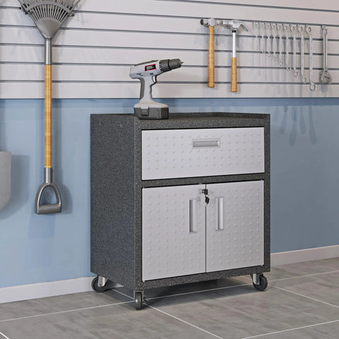 Fortress Mobile Garage Storage Cabinet On Wheels With Full Extension Drawer And Adjustable Shelves In Durable Stainless Steel