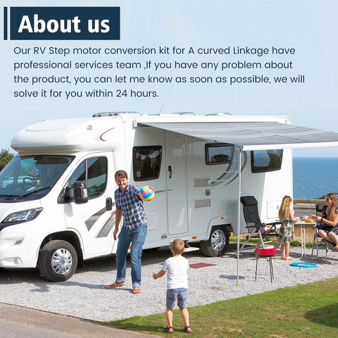 RV motorhome with white exterior and extended awning; family outdoors by the coastline