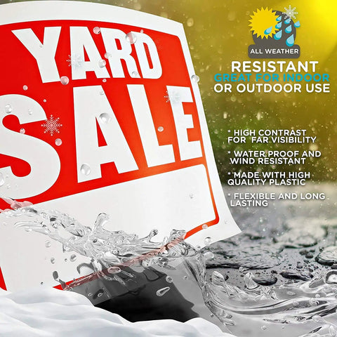 Red and white "YARD SALE" sign with water splash showcasing waterproof and weather-resistant features for outdoor use.