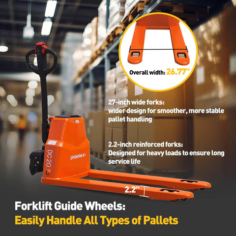 Heavy Duty Electric Pallet Jack With 4400 Lb Capacity And Lithium Battery, 27-inch wide forks for stable pallet handling.