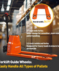 Heavy Duty Electric Pallet Jack With 4400 Lbs Capacity, features 27-inch wide forks for stable handling in warehouse.