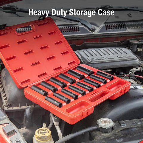 Deep 1/2 Inch Drive Metric Impact Socket Set, 14-Piece in red storage case, placed on a car engine for automotive repairs