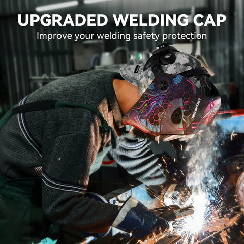 Welder using Reversible Welding Cap With Elastic Retractable Band for all day comfort and protection, shown during welding work.